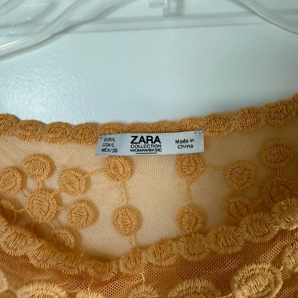 Zara Women’s Orange Mustard Embroidered Tulle Floral Blouse - Picture 7 of 11